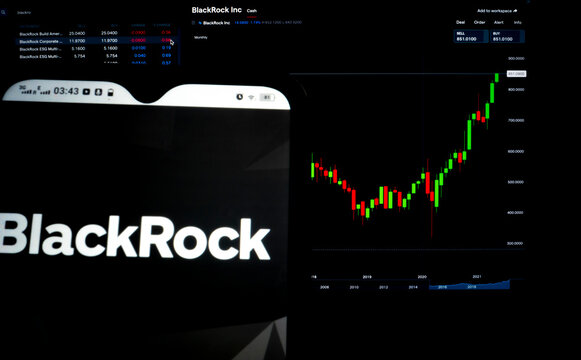  In this photo illustration, a BlackRock Inc. logo seen displayed on a smartphone with the stock market information of BlackRock Inc. in the background.
