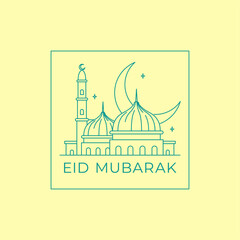 Eid mubarak simple monoline badge design with great mosque and crescent moon vector illustration