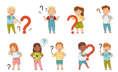 Puzzled Little Kids with Question Scratching Their Heads Wondering Vector Set