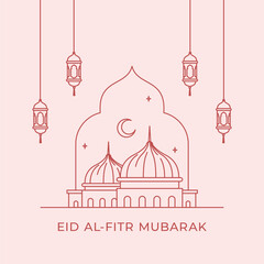 Mosque islamic worship place simple line vector illustration for happy eid mubarak template design