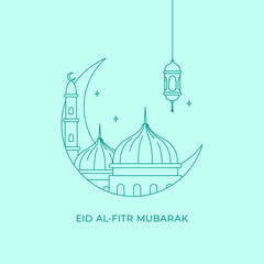 Great mosque islamic worship place on crescent moon frame vector illustration for Happy eid mubarak template design