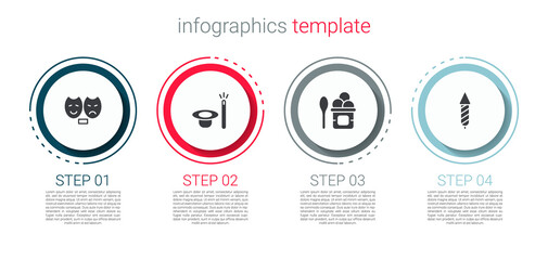 Set Comedy and tragedy masks, Magic hat wand, Ice cream in bowl and Firework rocket. Business infographic template. Vector