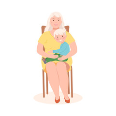 Young Mother Sitting on Chair with Her Son on Her Knees Embracing Him Vector Illustration