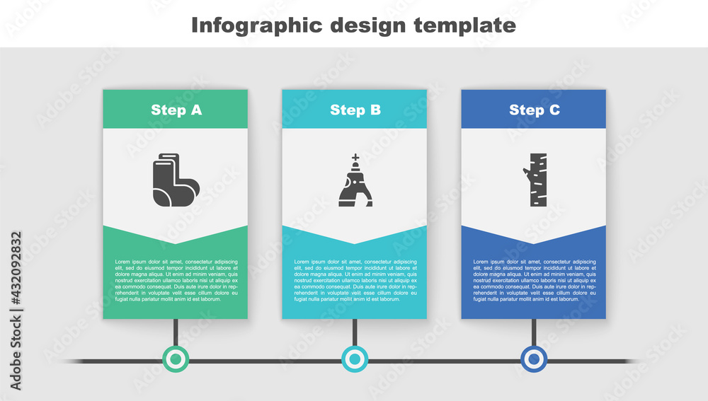 Sticker set valenki, the tsar bell and birch tree. business infographic template. vector