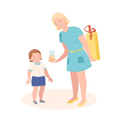Young Mother Giving Cake with Candles and Gift to Her Little Son Congratulating Him with Birthday Vector Illustration