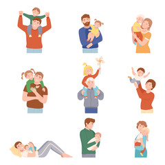 Parents Loving and Embracing Their Little Children Vector Illustration Set