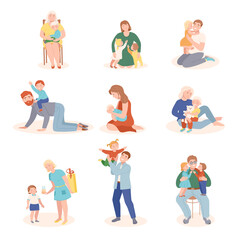 Fototapeta na wymiar Parents Loving and Embracing Their Little Children Vector Illustration Set