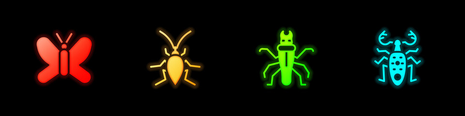 Set Butterfly, Cockroach, Termite and Beetle deer icon. Vector