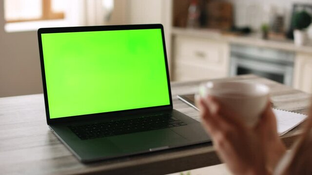 A woman is sitting in her home office. She is holding a cup. On the table is a laptop with a green screen. Chromakey. 4K
