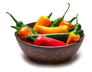 Wooden bowl full of Chili or sweet peppers isolated on white background