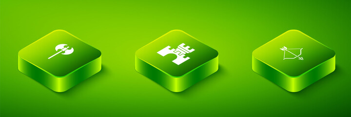 Set Isometric Castle, fortress, Medieval bow and arrow and axe icon. Vector