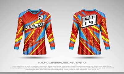 Long sleeve t-shirt design template, Motocross racing jersey mockup. Sport uniform front and back view