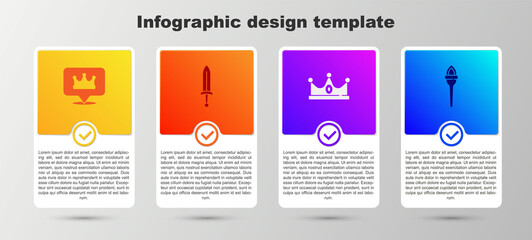 Set Location king crown, Medieval sword, King and Torch flame. Business infographic template. Vector