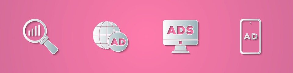 Set paper cut Magnifying glass and analysis, Advertising, and icon. Paper art style. Vector