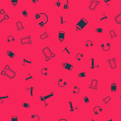 Set Treadmill machine, Headphones, Chest expander and Punching bag on seamless pattern. Vector