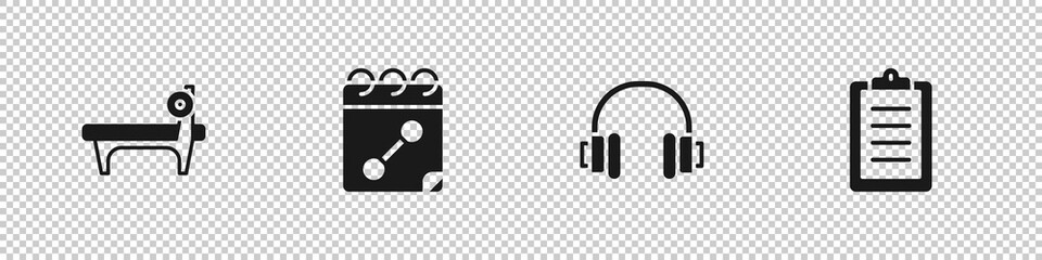 Set Bench with barbel, Calendar fitness, Headphones and Sport training program icon. Vector