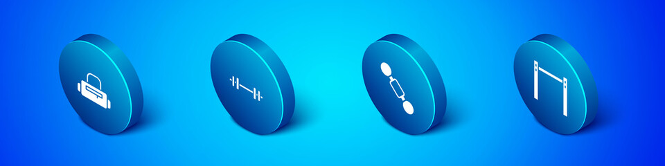 Set Isometric Sport bag, Dumbbell, Horizontal bar and Barbell icon. Vector