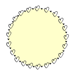 Hand drawn round frame, border from black outline hearts. Simple romance symbol of love, background, decoration for invitation, Valentine's day, greeting card, wedding
