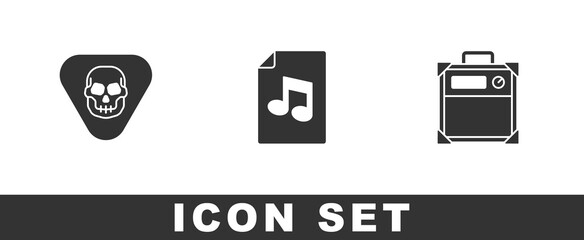 Set Guitar pick, Music book with note and amplifier icon. Vector