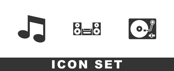 Set Music note, tone, Home stereo and Vinyl player with vinyl disk icon. Vector