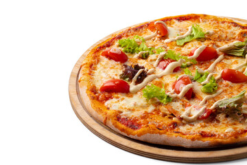 Fresh pizza on wooden board isolated on white