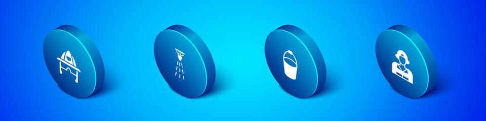 Set Isometric Firefighter helmet, bucket, and sprinkler icon. Vector