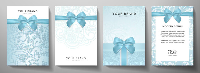 Holiday cover, frame design set. Luxury floral pattern (curve) background with blue ribbon (bow). Elegant vector collection template for invitation (invite vip card), greeting or gift card, award