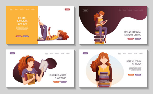 Set of banners with reading women and books. Bookstore, bookshop, library, book lover, bibliophile, education concept. Vector illustration for poster, banner, flyer, card, cover, advertising.