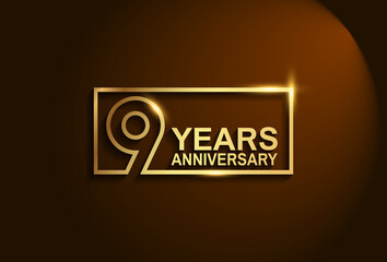 9 years anniversary golden design vector line style in square for template and company special celebration moment