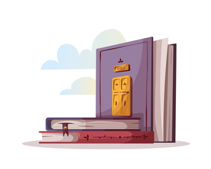 Book with door. Bookstore, bookshop, library, book lover, bibliophile, education concept. Isolated vector illustration for poster, banner, website.