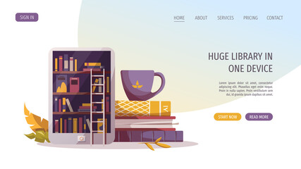 Electronic reader, stack of books, cup. Bookstore, bookshop, e-book, library, book lover, bibliophile, education concept. Vector illustration for poster, banner, website, advertising.