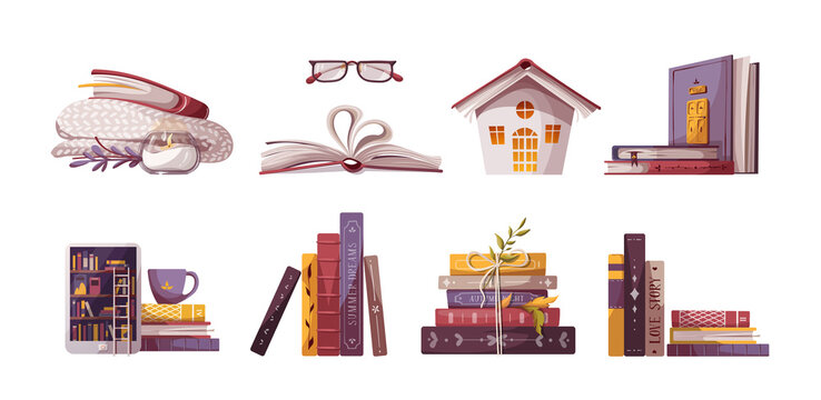 Set  of reading elements for bookstore, bookshop, library, book lover, bibliophile, education. Isolated vector illustration.