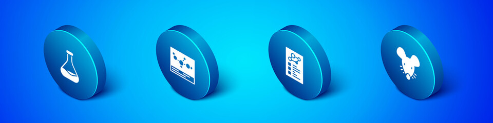 Set Isometric Test tube and flask, Clinical record, Experimental mouse and Chemical formula icon. Vector