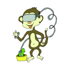 Monkey in a virtual reality helmet. The macaque plays computer games. The cable is plugged into the cactus. Bright funny illustration. VR glasses.