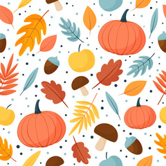 Seamless vector autumn pattern. Print in autumn leaves. Isolated on a white background
