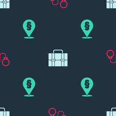 Set Handcuffs, Briefcase and Location law on seamless pattern. Vector