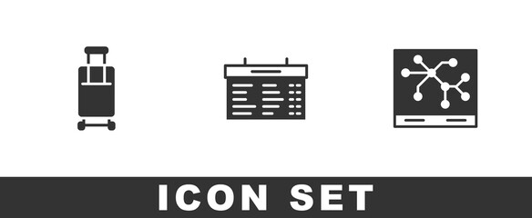 Set Suitcase, Train station board and Railway map icon. Vector