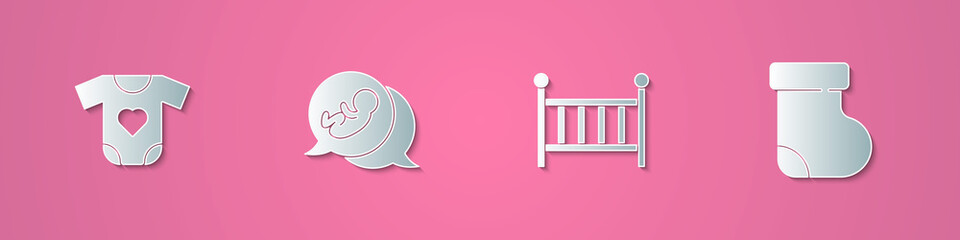 Set paper cut Baby clothes, , crib cradle and socks icon. Paper art style. Vector