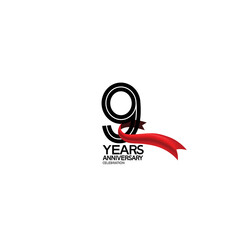 9 years anniversary logotype flat black color and red ribbon on white background can be use for template greeting card, invitation and celebration moment