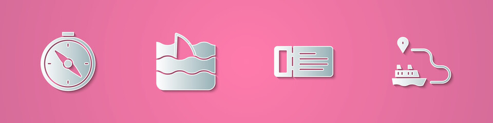 Set paper cut Compass, Shark fin in ocean wave, Cruise ticket and Ship line path icon. Paper art style. Vector
