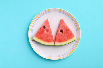 Sliced watermelon fruit on plate with color background, Tropical fruit, Summer season