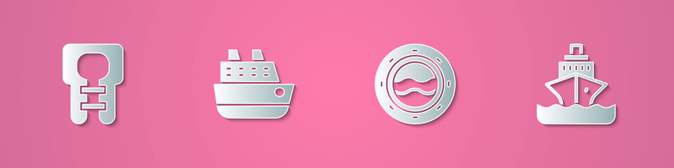 Set paper cut Life jacket, Cruise ship, Ship porthole with seascape and icon. Paper art style. Vector