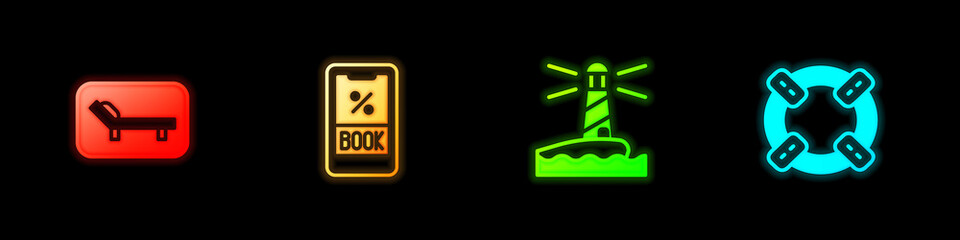 Set Sunbed and umbrella, Cruise ticket, Lighthouse and Lifebuoy icon. Vector