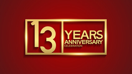 13 years anniversary logotype with golden color in square. vector can be use for template, greeting card, invitation and celebration event