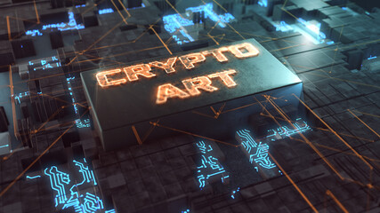 abstract futuristic electronic circuit with a cpu and text CRYPTO ART, concept of non fungible token, close-up (3d render) - obrazy, fototapety, plakaty