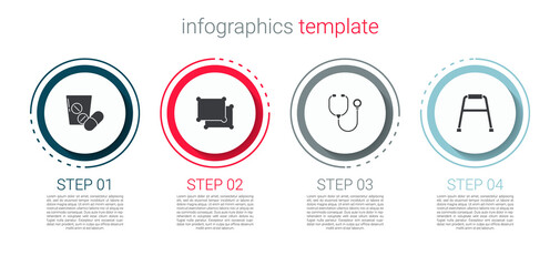 Set Medicine pill or tablet, Pillow, Stethoscope and Walker. Business infographic template. Vector