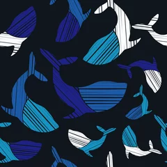 Wallpaper murals Ocean animals Decorative whales swim in the sea and ocean. Seamless pattern. Marine life. Cute cartoons. Vector illustration for web design or print.