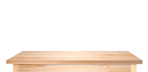 Wooden pine table or tabletop isolated on white. Light brown table as template for ideas, high resolution long picture..