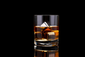 Whiskey with steel cooling cubes on dark glass background