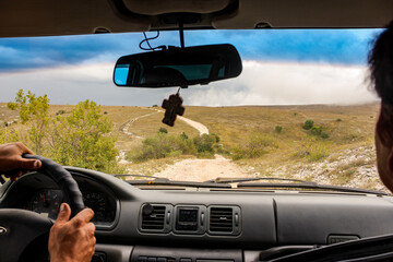 View from the window of a car in motion.